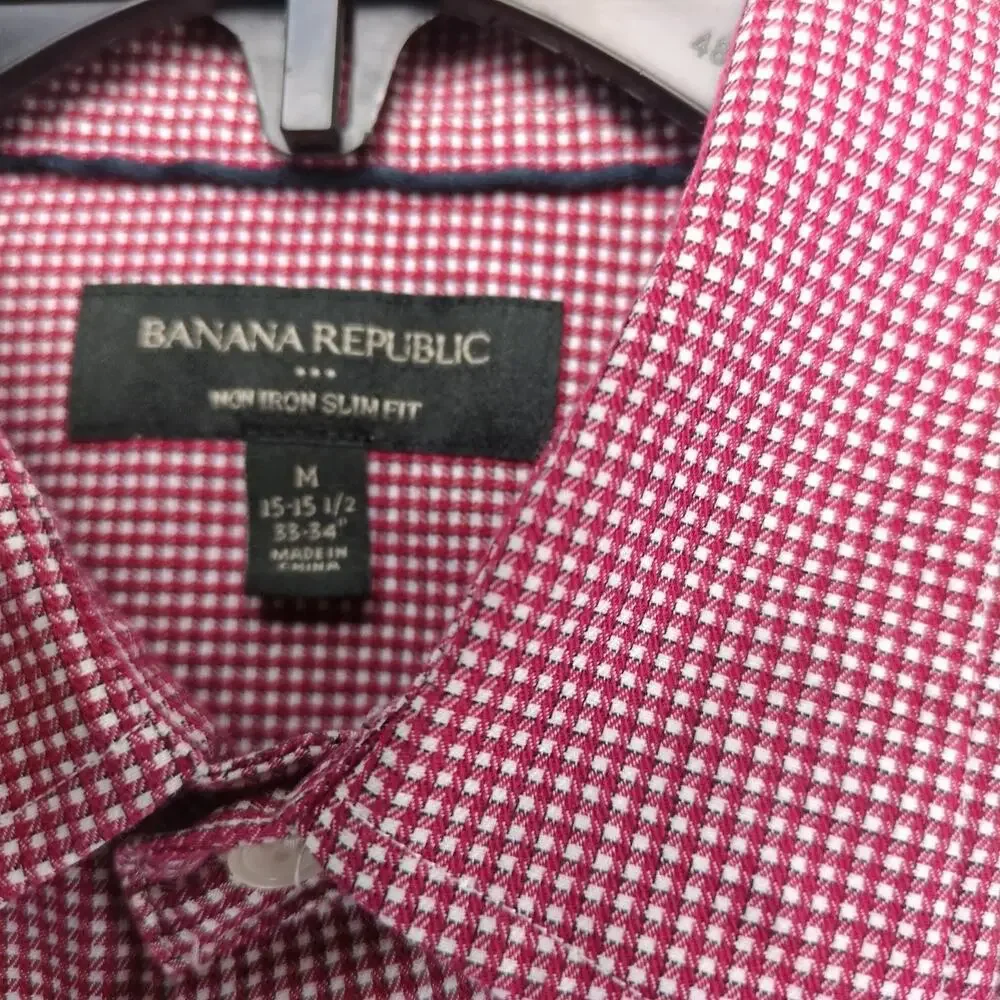 Banana Republic Red Check Men's Dress Shirt M 33-34 15.5‎ Neck Non-Iron Slim Fit